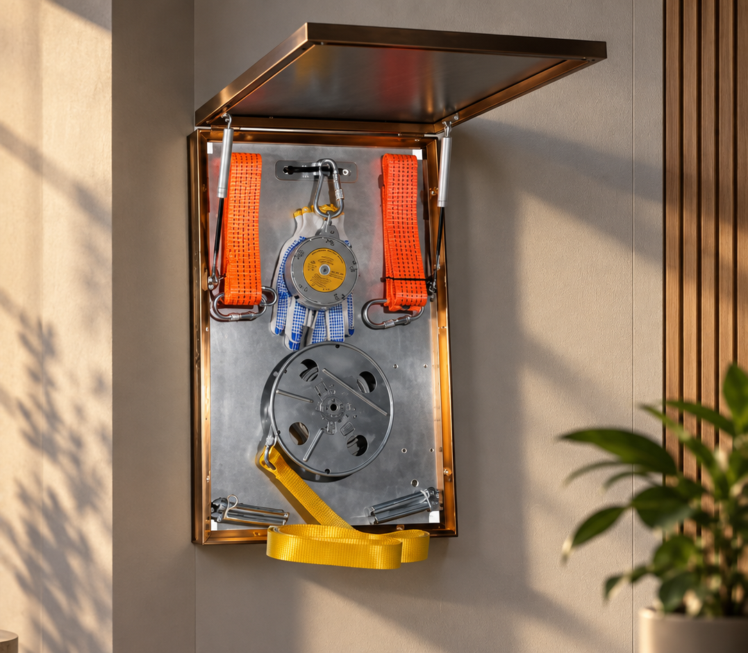 Sky Drop high-rise escape descender in its wall-mounted enclosure