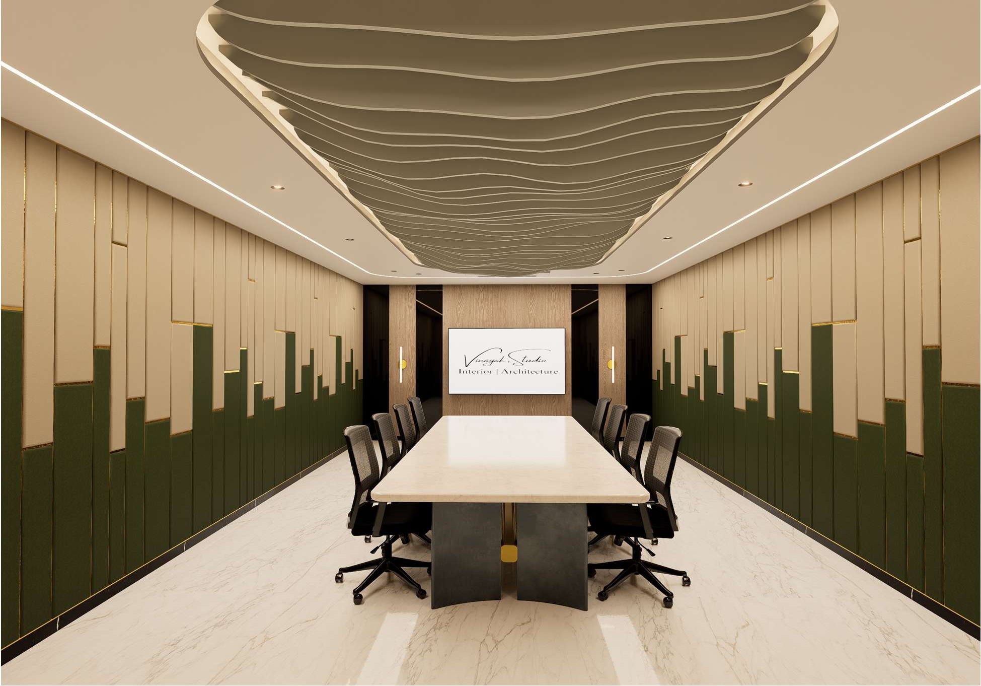 Conference room with long meeting table and integrated lighting