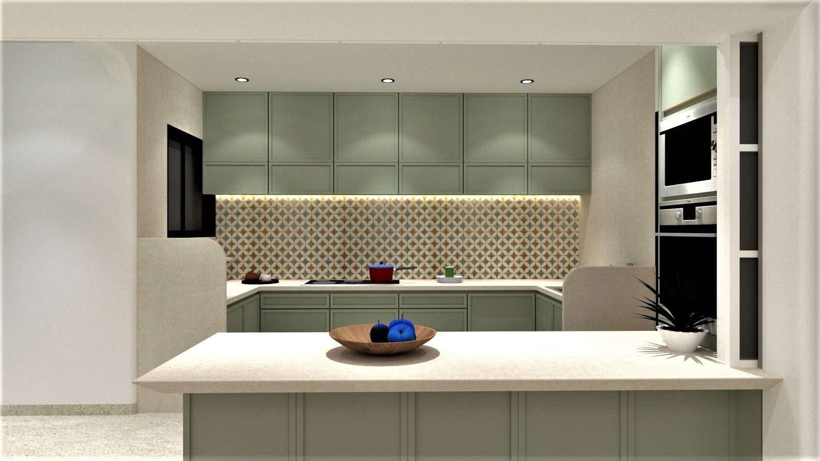Modern kitchen with sage-green cabinetry and island