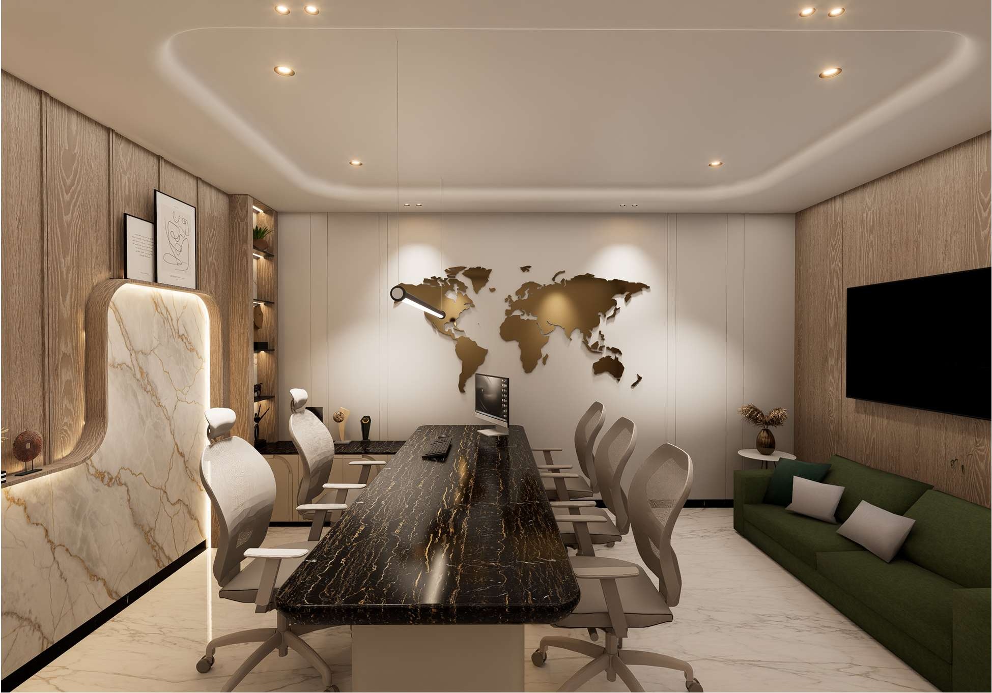 Executive cabin with a meeting table, lounge seating and wall display