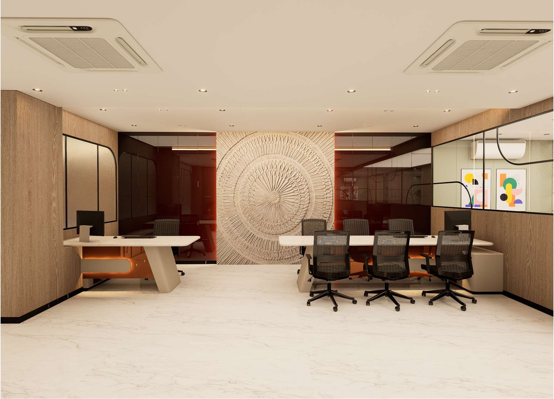 Modern office cabin with work desks and storage