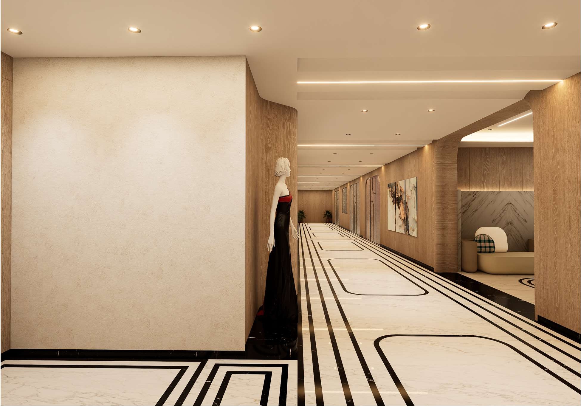 Warm modern passage with detailed flooring and wood finishes