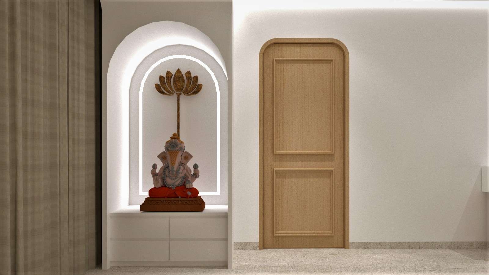 Illuminated home prayer niche beside a wooden door