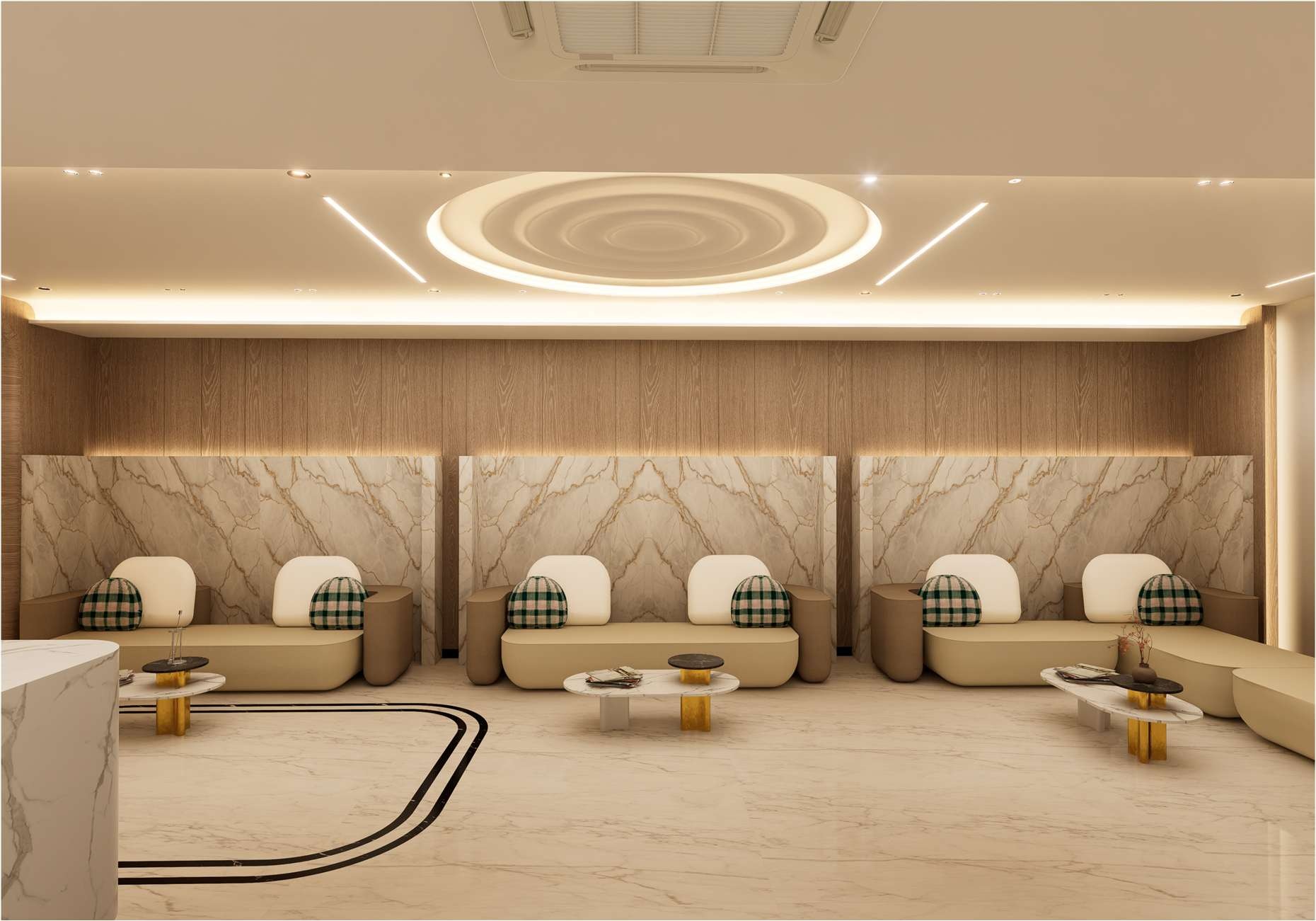 Reception waiting area with built-in seating and warm lighting