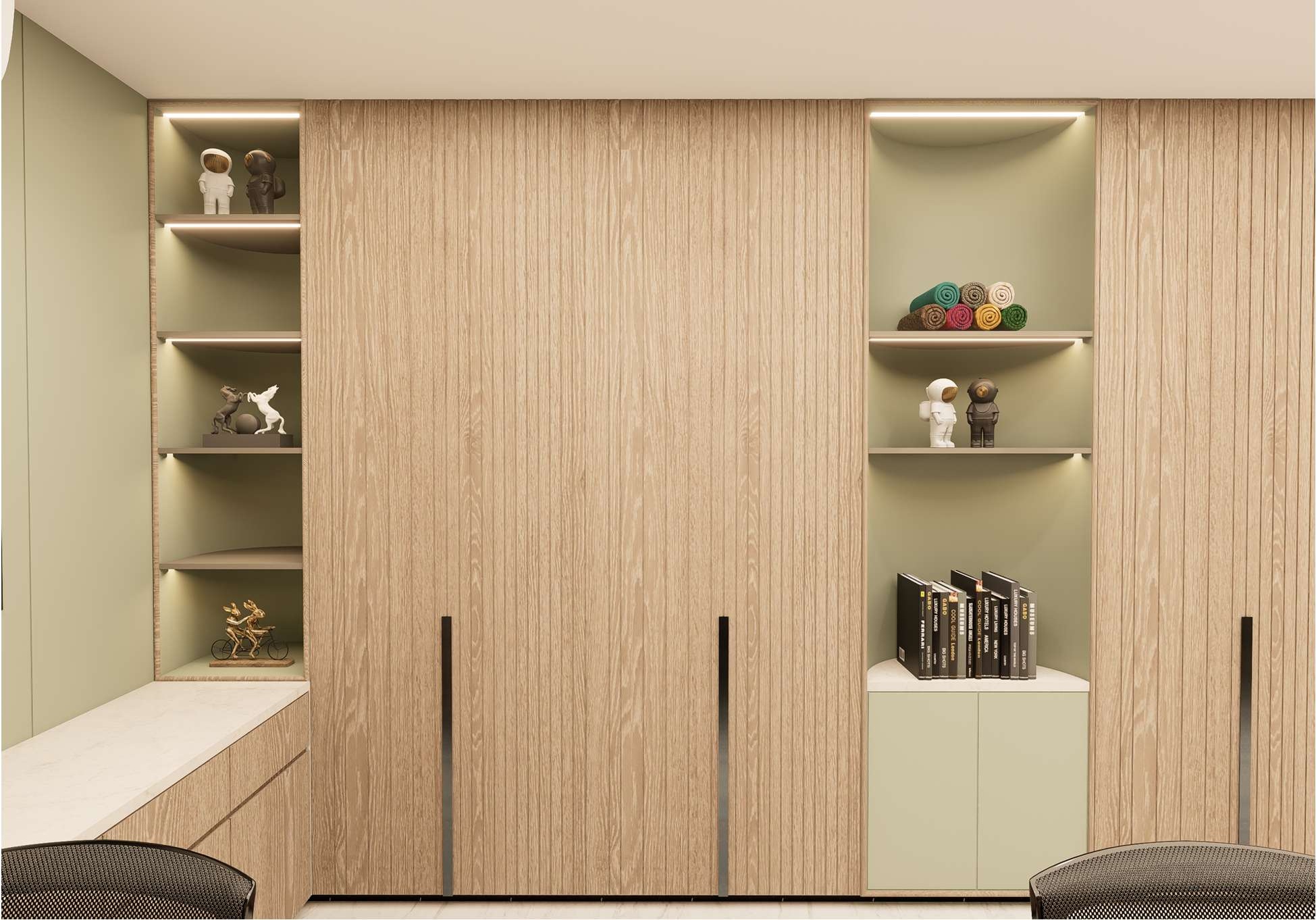 Built-in storage and cabinetry in a staff area