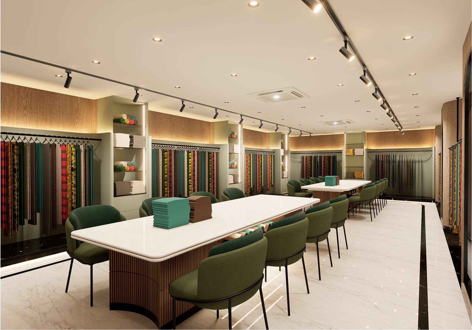 Textile showroom with fabric displays and consultation tables